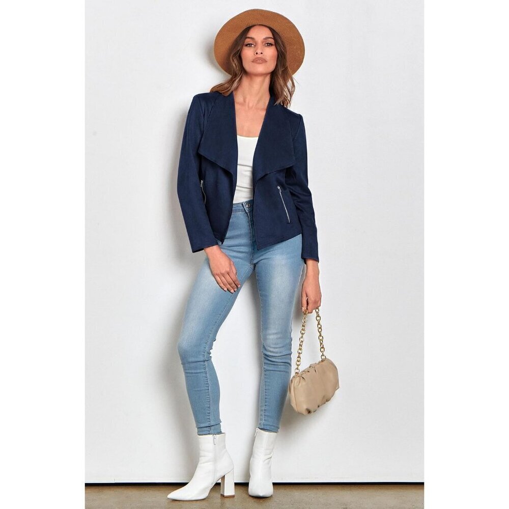 Women's Navy PRETTYGARDEN Faux Suede Jackets Fall Clothes Long Sleeve - Picture 9 of 9